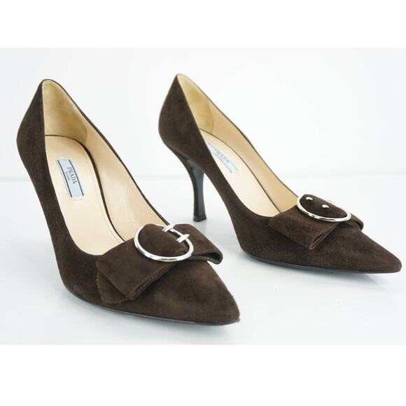 Prada Brown Suede Leather Pointy Bow Toe Heel Pumps Strap Bow - Picture 1 of 12